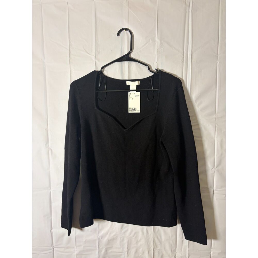 NWT H&M Black Ribbed Knit Sweetheart Neckline Long Sleeve Sweater XL